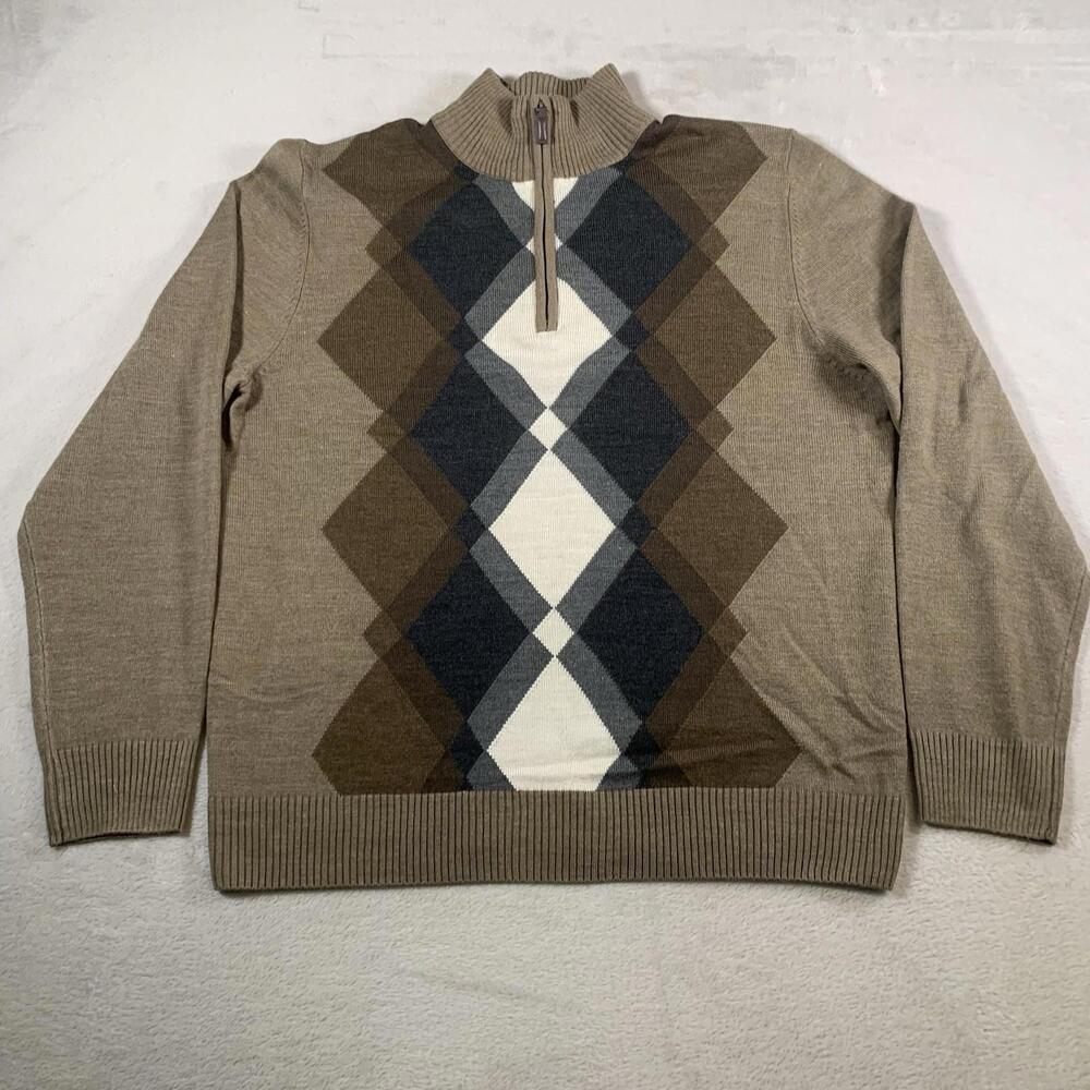 Oliver Burke Sweater Mens Large Brown Argyle 1/4 Zip 100% Acrylic Leather Zipper